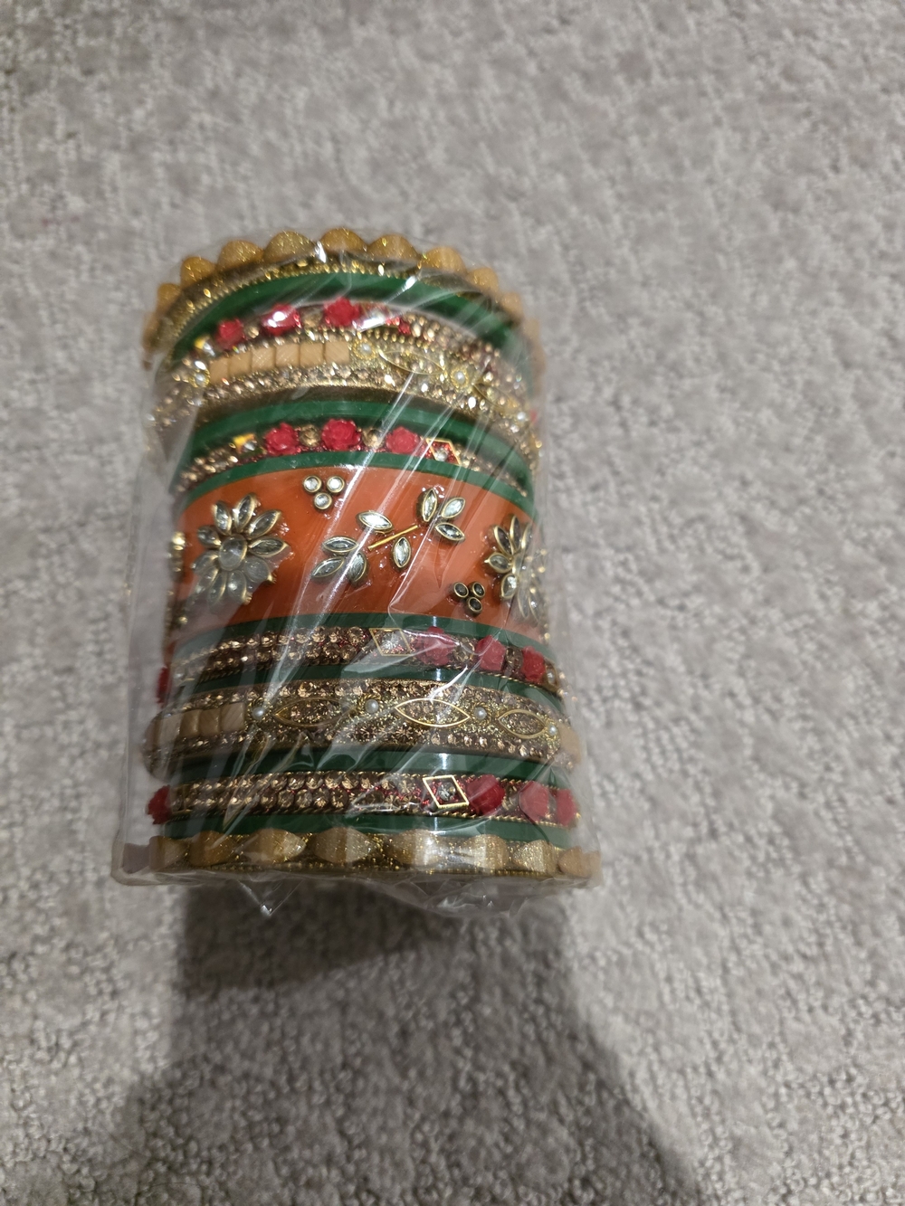 Handcrafted Orange and Green Women's Bangle Set with Gold Accents
